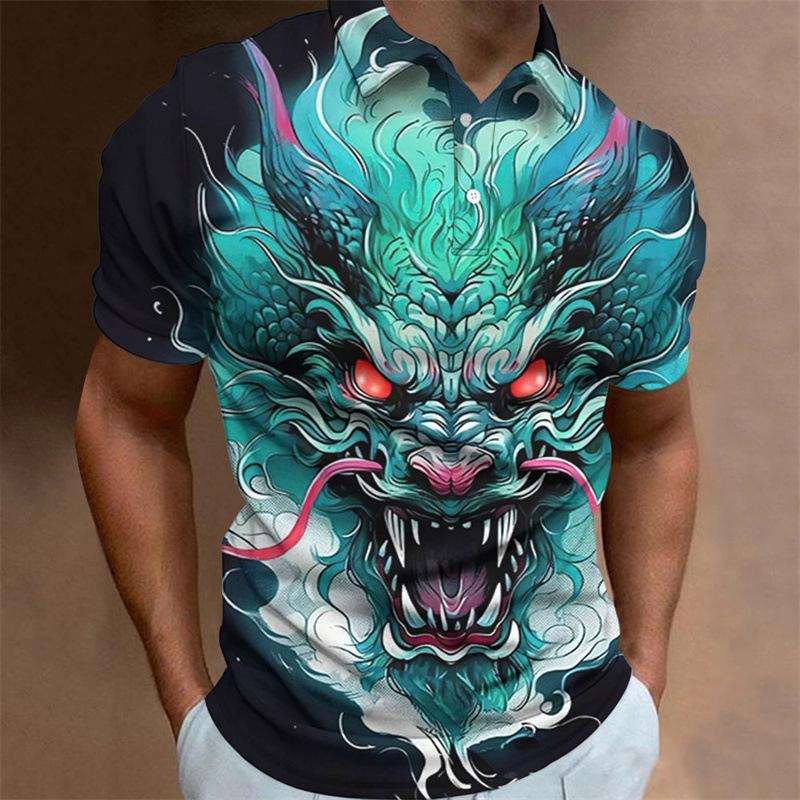Bold Dragon Print Short Sleeve Polo Shirt, Casual Men's Fashion Top