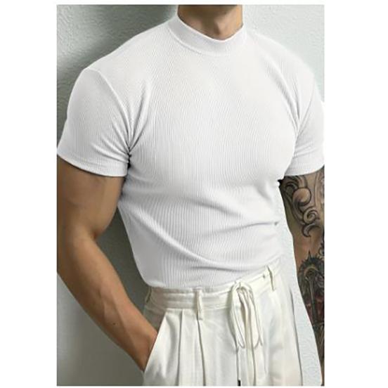 

Spring Summer Elastic Men s T-shirt Small High Collar Stripe Shirt Short Sleeve Fitness Top Leisure Sport T-shirt Men Sportswear L