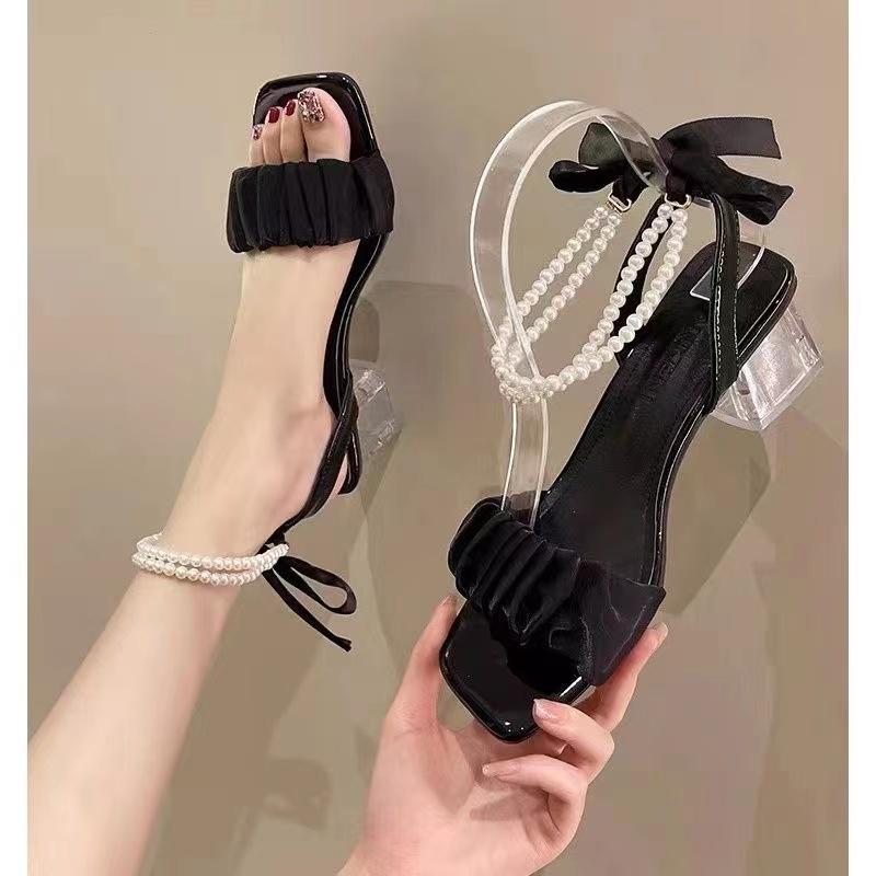 Fashion French Evening Wind Niche Pearl High-heeled Sandals Women's Summer 2025 New Middle Heel Fairy Wind Super Fire Fashion Sandals