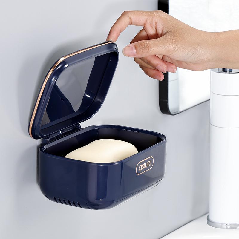 Wall-Mounted Drainable Soap Dish with Lid - No-Punching Bathroom Storage Rack for Home or Travel