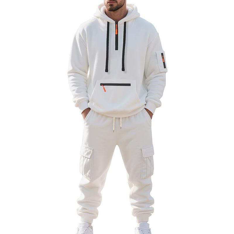 Mens Warm Thick Multiple Pockets Hooded Sweatshirt And Cuffed Sweatpants Two Piece Sports Set