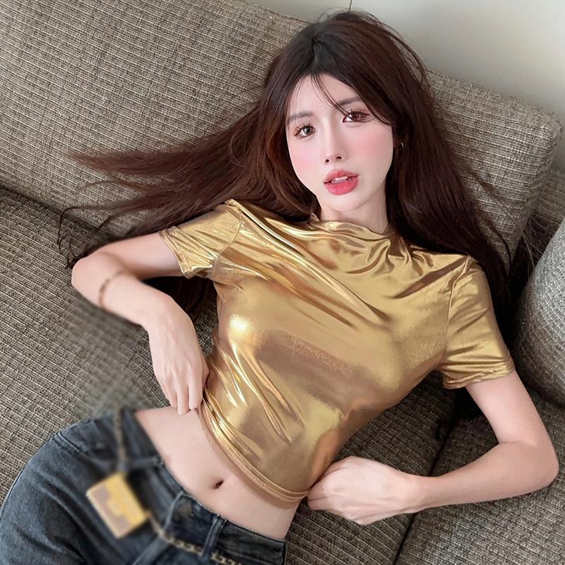 Women Metallic Glossy Half-Neck Slim Crop Top Short Sleeve T-Shirt