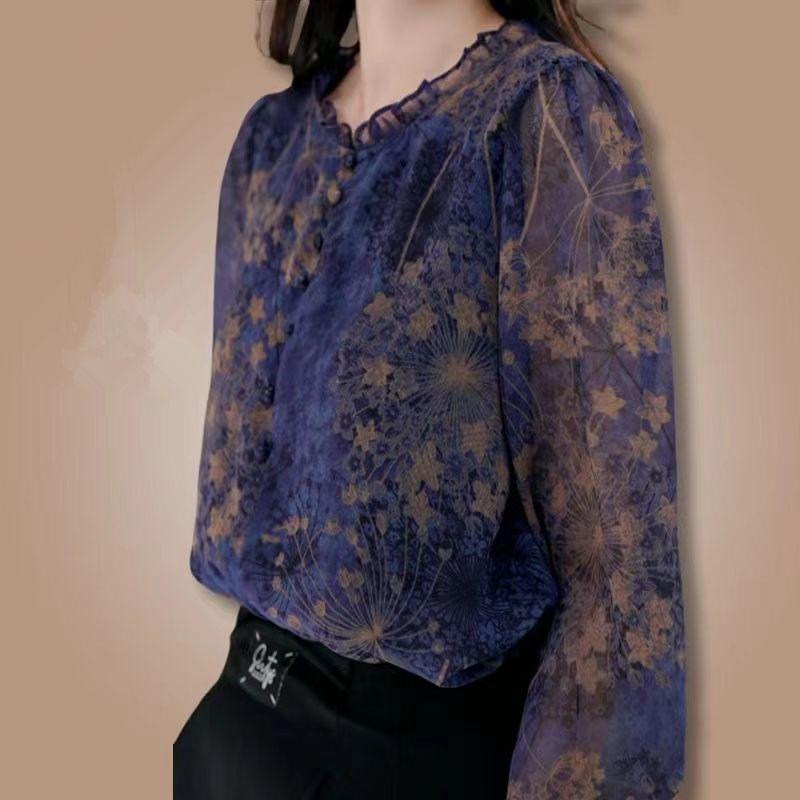 Spring Autumn Printing Edible Tree Fungus V-neck Shirts Women's Button Chiffon Vintage Floral Temperament Thin Blouses