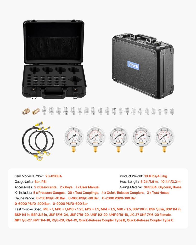 Hydraulic Pressure Test Kit, 10/60/160/400/600 Bar (150/900/2300/6000/9000 PSI), Hydraulic Gauge Kit 5 Gauges 20 Couplings 4 Quick-Release Couplers 3
