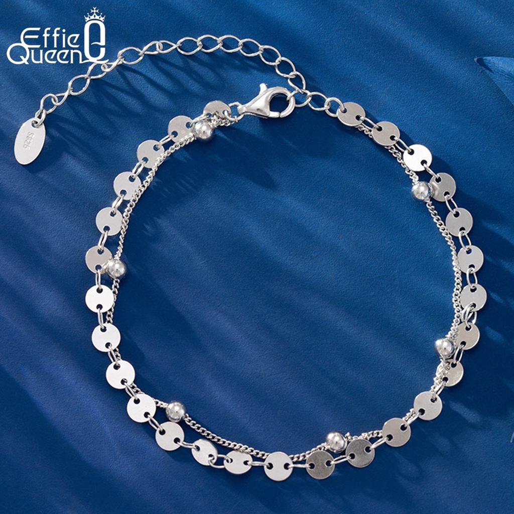 EFFIE QUEEN 925 Sterling Silver Round Bead Sequin Shiny Bracelet Daily Double Layered Chain Beads Bracelet Fashion Jewelry SB174