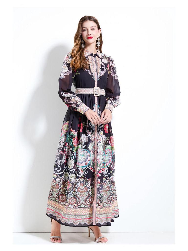 Original Design SS '25 Chiffon Blouse & Waist-Gathering Ruffle Long Dress Set with Collar Print, Long Sleeves.