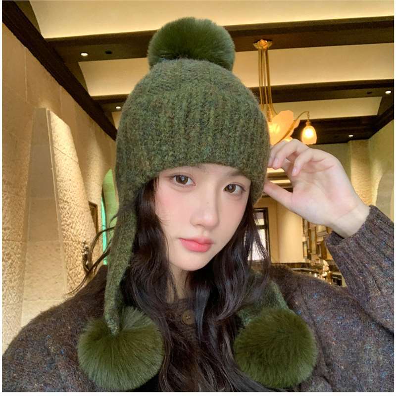 Winter Korean Thickened Hairball Ear Protection Knitted Bomber Hat Women Simple Casual Windproof Warm Small Face Wool Beanie Cap