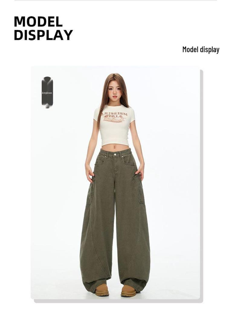 Army Green Retro Wide-Leg Scimitar Jeans with Large Pockets for Women - Summer/Autumn 2025 Collection