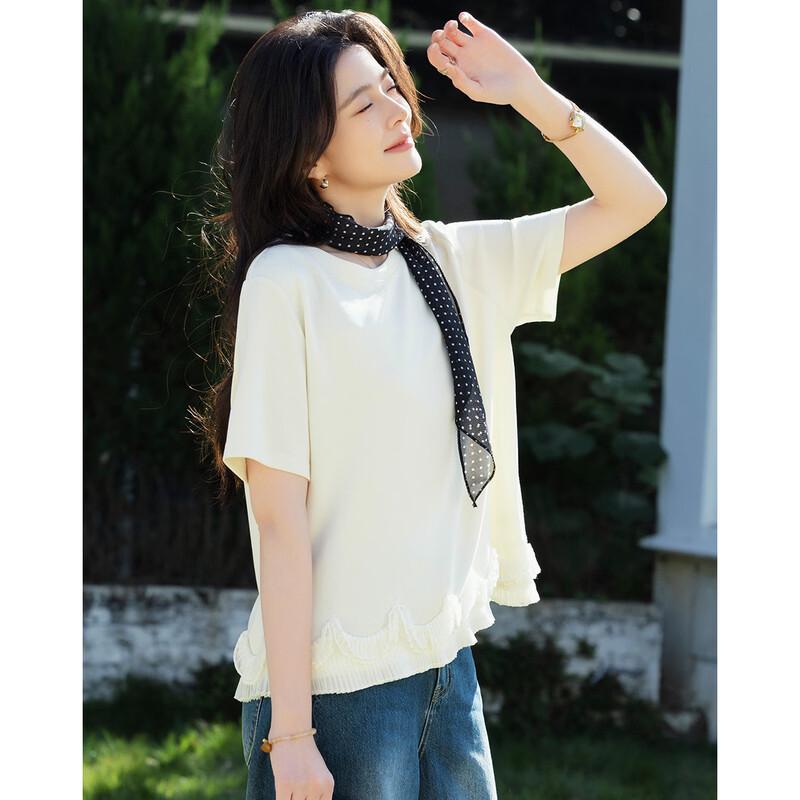 Women's Washed Air Layer Lace-Spliced Short Sleeve T-Shirt