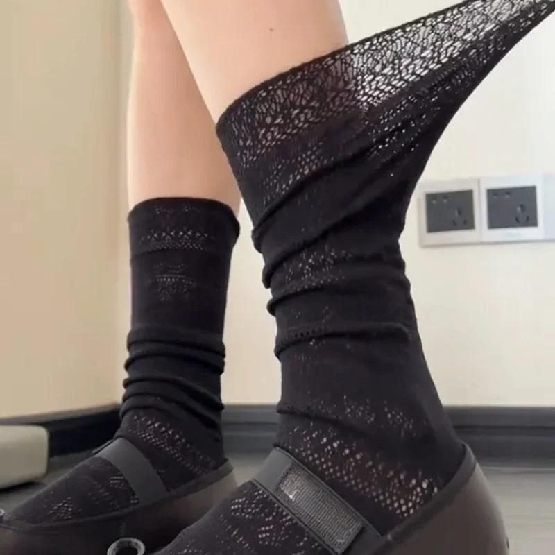 Lolita Sweet Socks Women Mesh Hollowed Out Thin Retro Flower Lace Socks Ladies Calf Socks