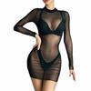 Bodycon Tight Dress Women Sexy Solid Color Long Sleeves See-through Pajamas
