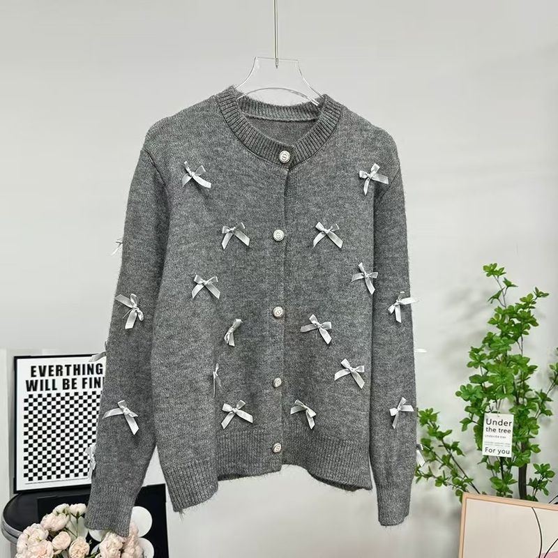 

Fashion Wind New Arrival Bows Knitting Cardigan Sweater Outwear Single Brewed Bow Sweater Grey All yards