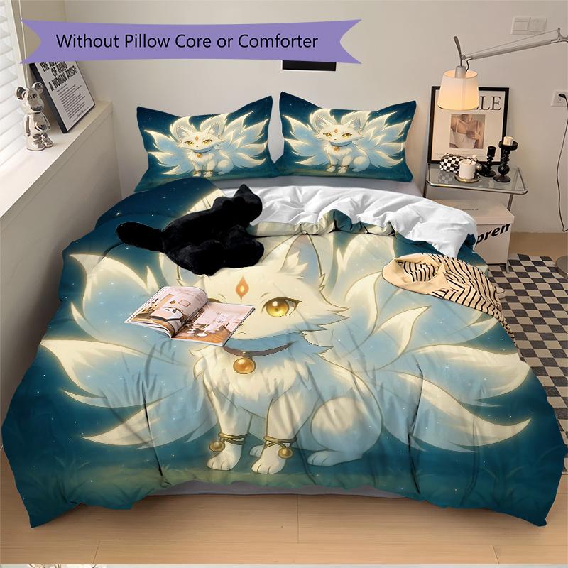 3pcs Enchanted Fox Spirit Printed Bedding Set, Soft and Comfortable Quilt Cover for Bedroom, Guest Room (1 Duvet Cover + 2 Pillowcases, Pillow Co