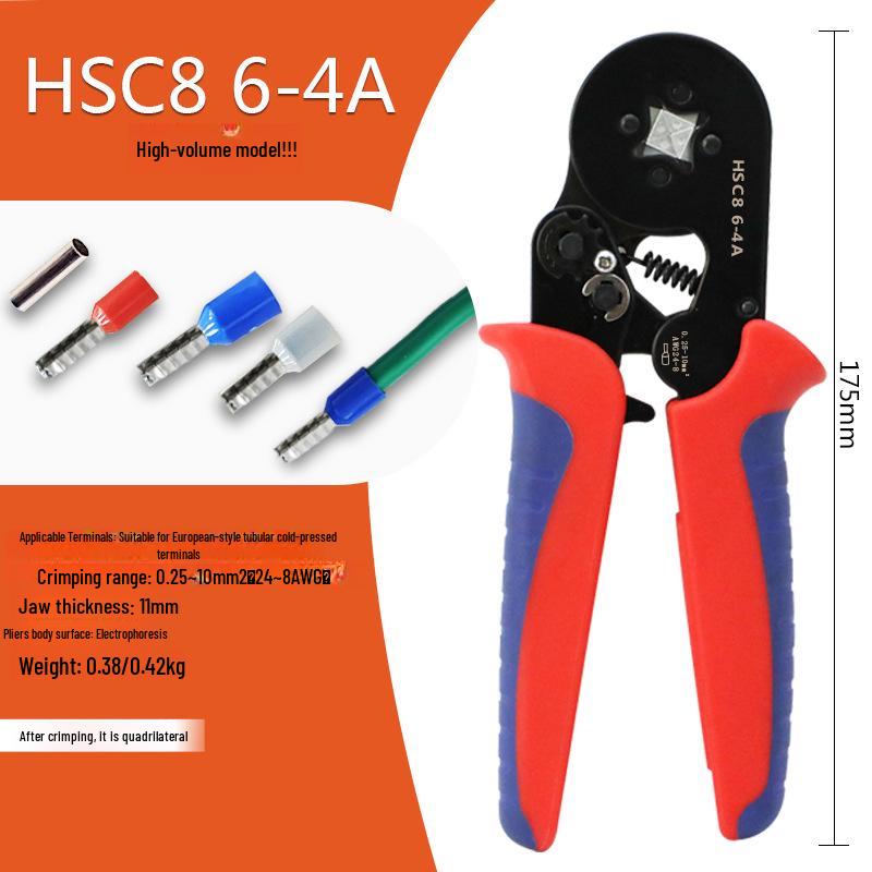 HSC8 6-4A Self-Adjusting Crimping Tool for VE Tube Terminals, 0.25-10mm Range, Quadrilateral Crimping.