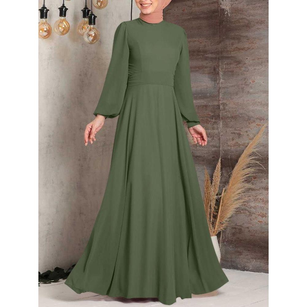 GMXIA Commuter Street Fashion High-waisted A Long Dress with Lantern Sleeves