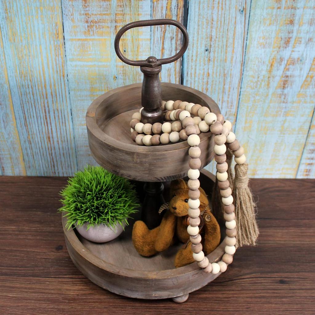 CVHOMEDECO. Wood Beads Garland with Tassels Farmhouse Rustic Wooden Prayer Bead String Wall Hanging Accent for Home Festival Decor. Mix Distressed