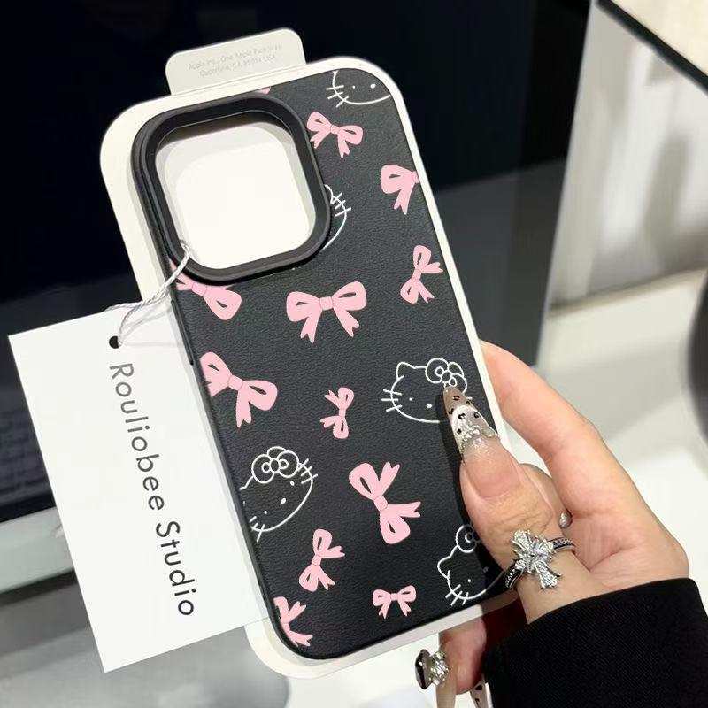 Bowknot Kitty Lychee Pattern Soft Shell Phone Case for iPhone 11, 14, 15, 16 Pro, and 17 Pro Max.