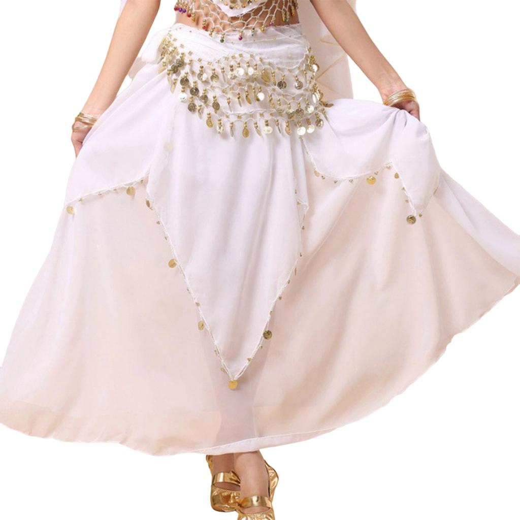 Fashion Ladies' Belly Dance Skirt Chiffon Big Swing Skirt Women Sequin Stage Performance Dress Solid Color Half Body Skirt