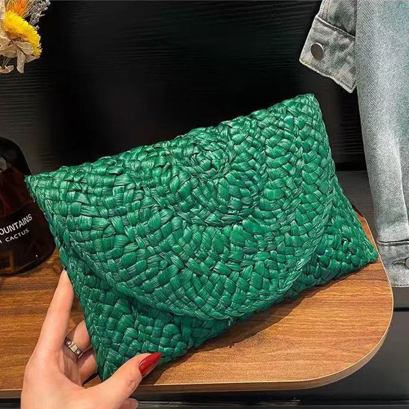 Fashion Beach Purse Women Summer Beach Bag Envelope Woven Clutch Solid Color Large Capacity Storage Bag Corn Husk Straw Hand Bag