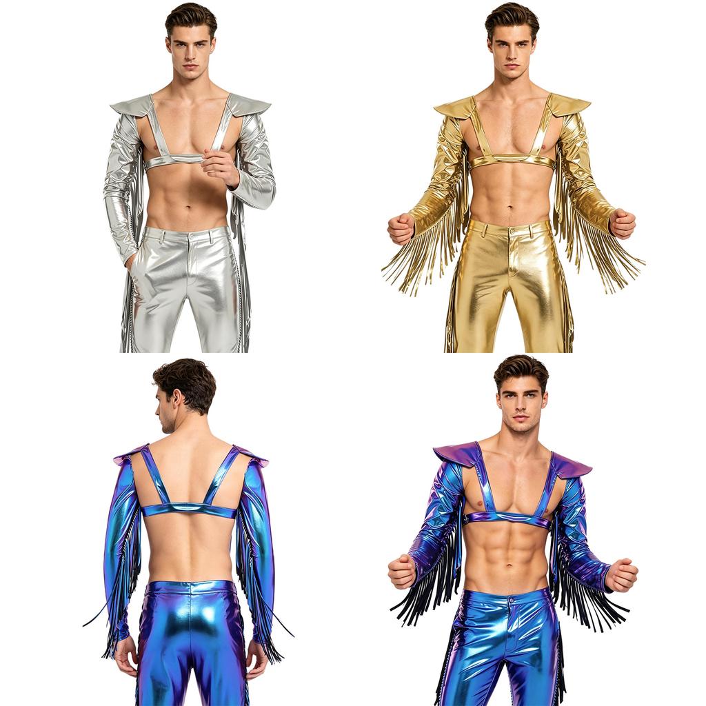 M-3XL Men Metallic Shiny Fringed Arm Sleeves Long Sleeve with Tassels Structured Epaulet Adjustable Chest Harness Club Party Crop Top