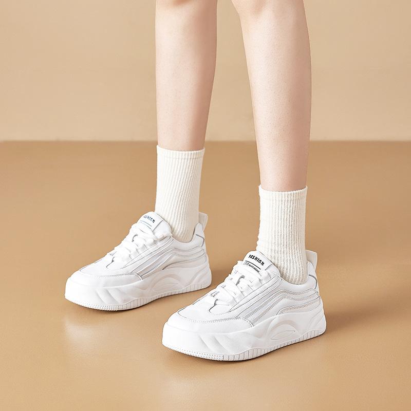2025 Autumn Leather Little White Shoes Women's Korean Version Lace-up Sports Shoes Women's Color Matching Casual Student Shoes Women's Thick Basep