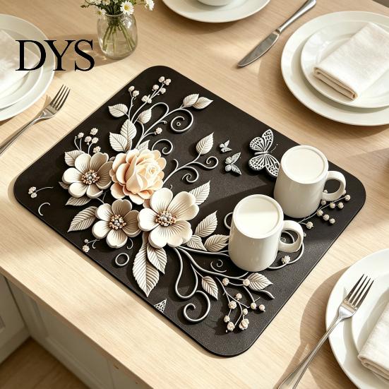 Non Slip Hot Pot Trivet Floral Dish Drying Mat, Absorbent Diatomaceous Earth Anti Scalding Easy Clean Kitchen Accessories Countertop Protector,
