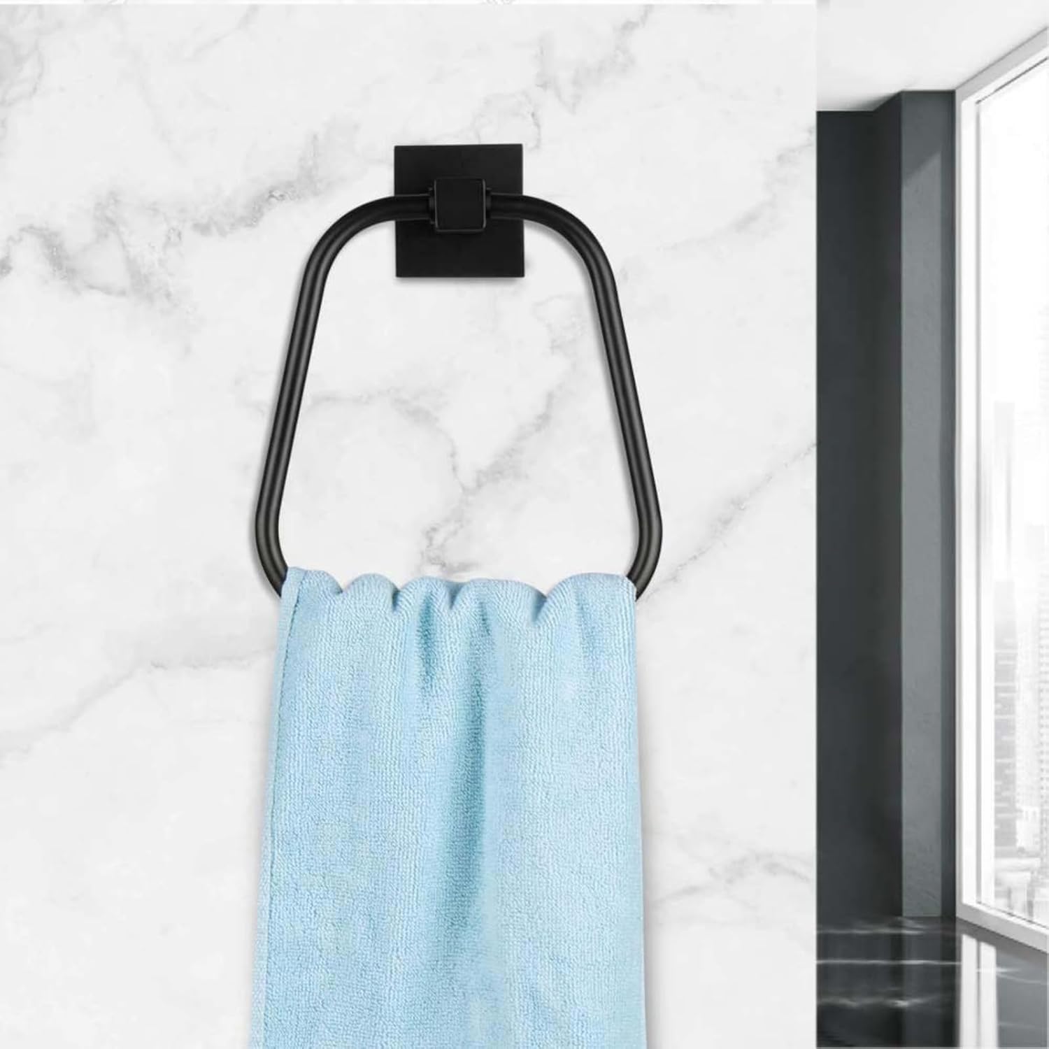 

Stylish Wall Mounted Towel Ring - Stainless Steel Hand Towel Holder for Bathroom & Lavatory - Sleek Matte Black Finish