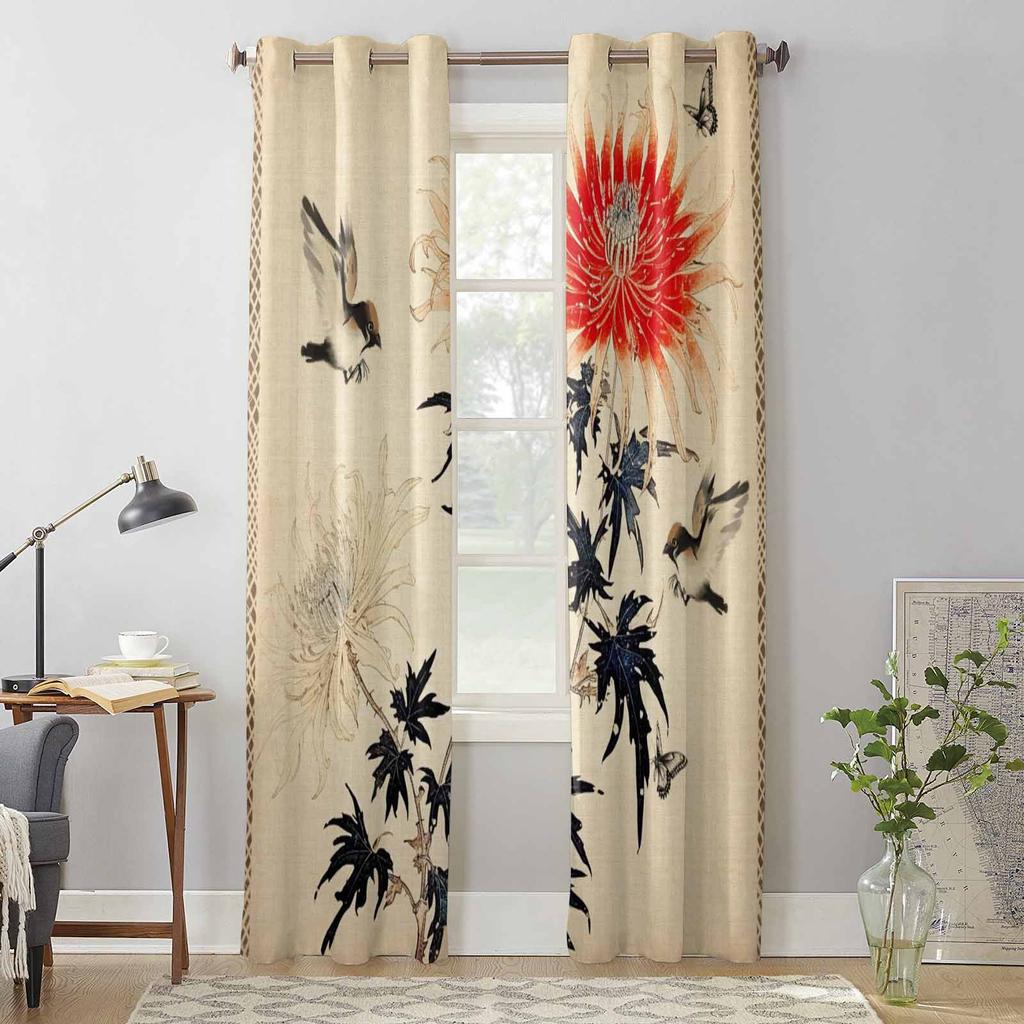 Chrysanthemum Bird Butterfly Retro Window Curtains for Living Room Luxury Bedroom Curtain Kitchen Blinds Drapes Curtains