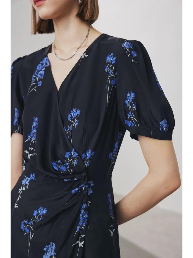 Damen V-Ausschnitt Seidenkleid - Frühjahr/Sommer Kollektion 2025, Kurzärmelig, Gefütterter Doppel-Crepe, 100% Maulbeerseide.