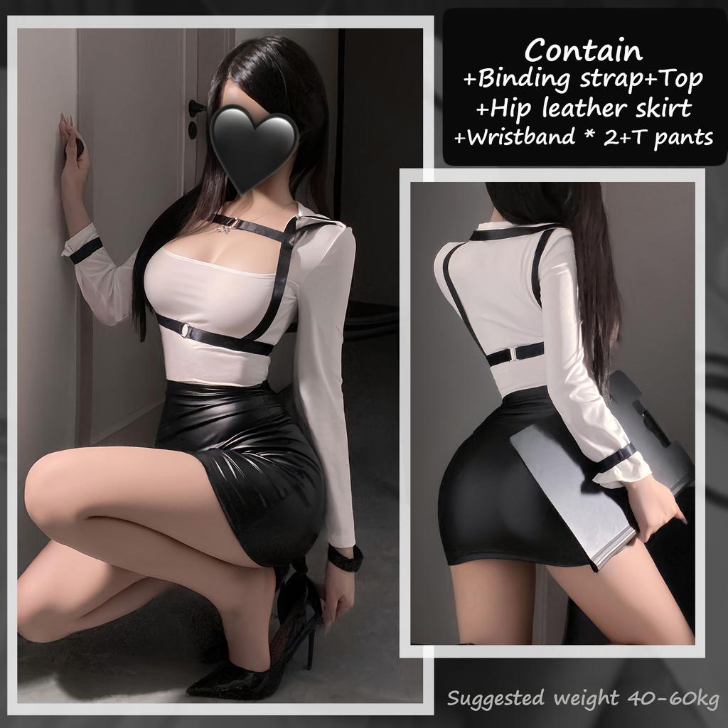 Sexy Secretary Office Lady OL Teacher Uniform Sheer Mesh Shirt Skirt Strap Outfit Cosplay Costume Temptation Exotic Mini Dress