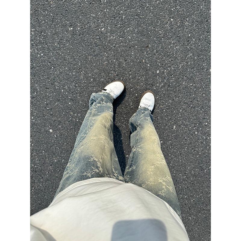 Bramble jacquard jeans American high street vibe pants men's washed spring and autumn new straight slightly curved pants