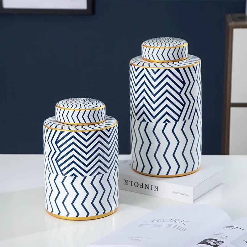 Geometric Stripe Storage Jar with Lid, Ceramic Vase, Candy Jar, Desktop Ornament Storage Container, Home Decoration Crafts