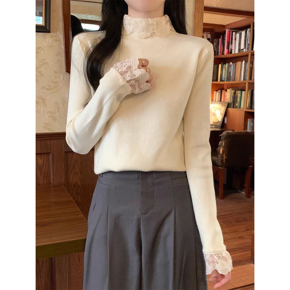Korean Style Lace Patchwork High Neck Slim Fit Base Layer Top for Spring/Autumn 2026