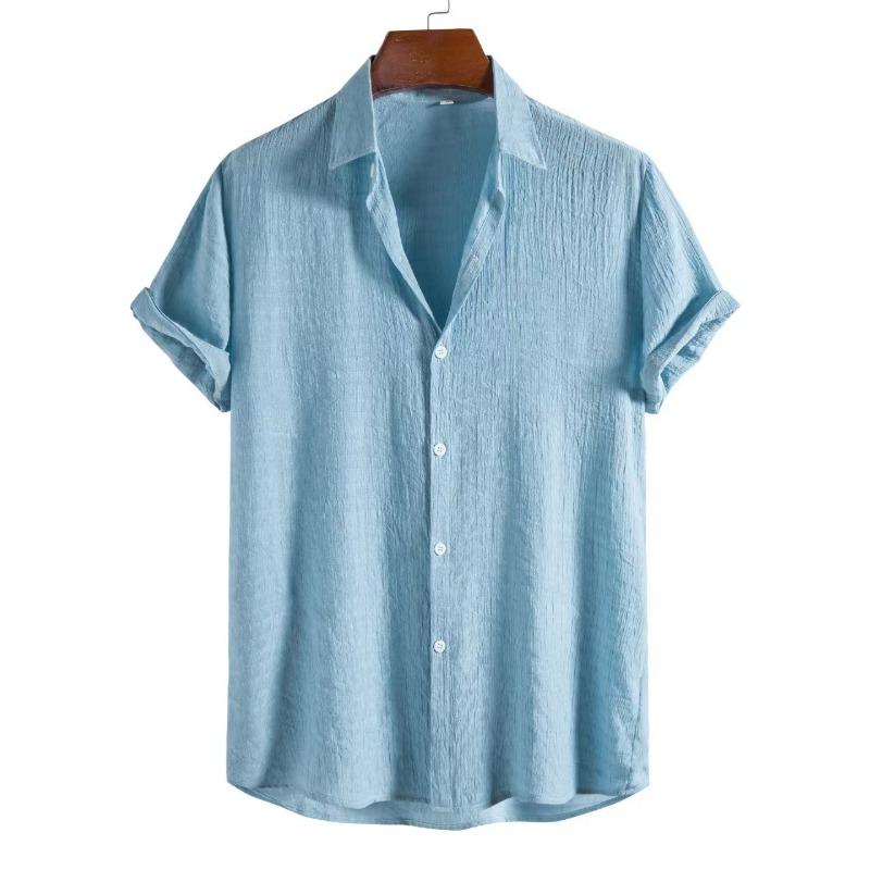 Men Fashion Casual Solid Color Stand Collar Short Sleeve Shirt