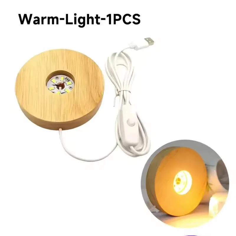 8cm Battery Operated Round Wooden WarmLight Dispaly Base Stand Holder able LED Night Lamp Base Crystal Glass Resin Art Ornaments