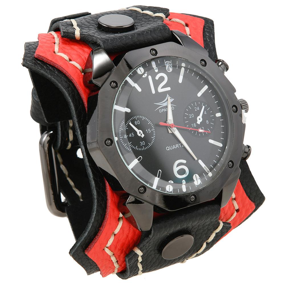 Orologio da uomo Punk Vintage con cinturino multistrato in pelle di mucca cucito a mano e quadrante grande