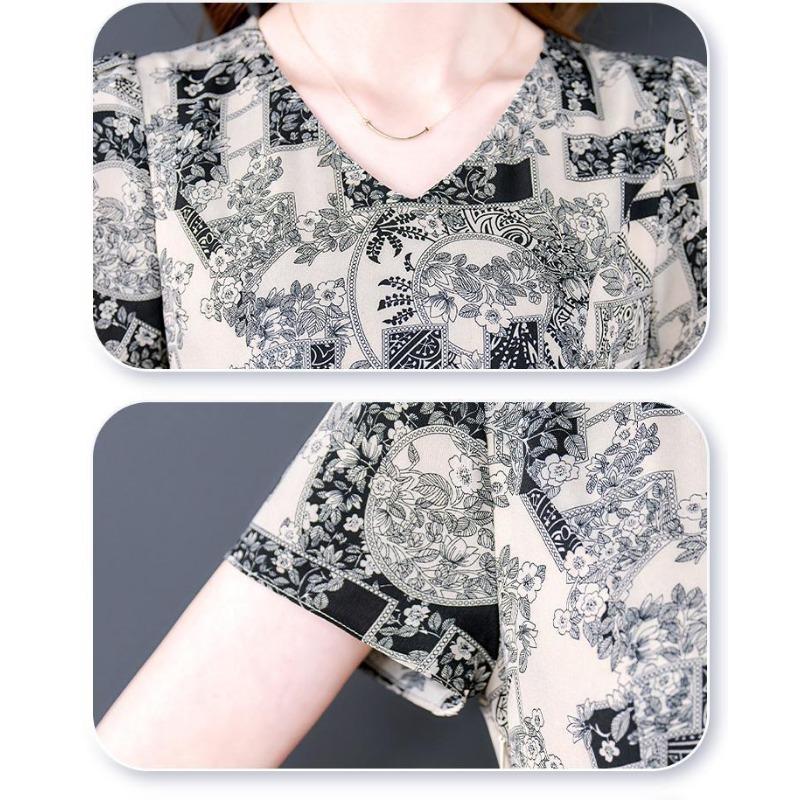 Female Faux Ice Silk Dress Summer New Tie Short-sleeved Dress Printed Thin Show Young V-neck Foreign-style Loose Dresses