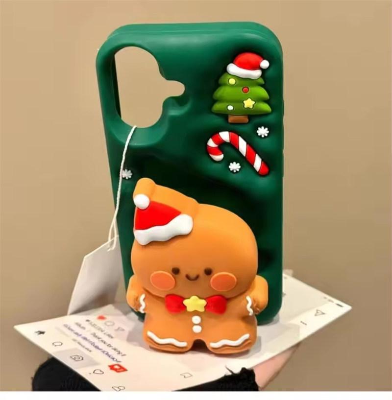 Cute Healing 3D Christmas Gingerbread Man Stand Phone Case For iPhone 17 AIR 16 15 14 13 12 Pro Max  Y2K Cartoon Green Cover