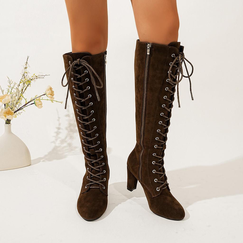 Fashion 2025 Autumn Winter Women's Knee-High Boots Side Zip Chunky High Heel Long Boots Vintage Suede Front Lace Up Botas Mujer Elegant
