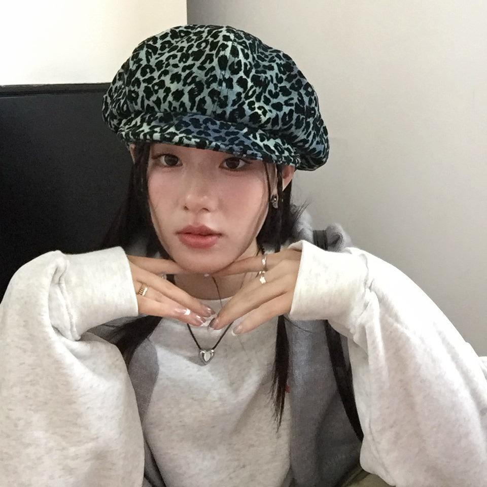Design Sense Retro Leopard Print Cloud Beret Women's Autumn Big Head Circumference Fashion Trendy Cool Face Hat