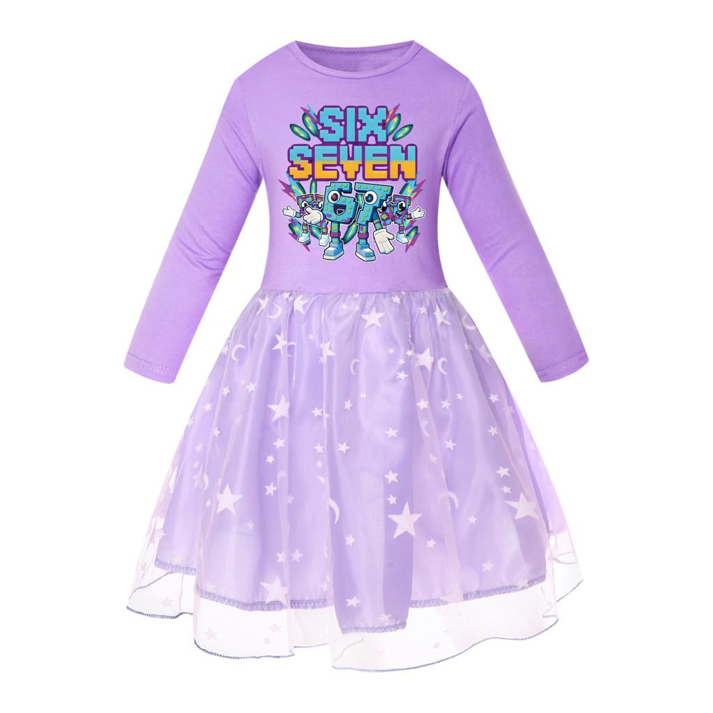 5220 Kids Girls Steal a Brainrot 67 Six Seven Print Mesh Rainbow Round Neck Casual Casual Cotton Dress