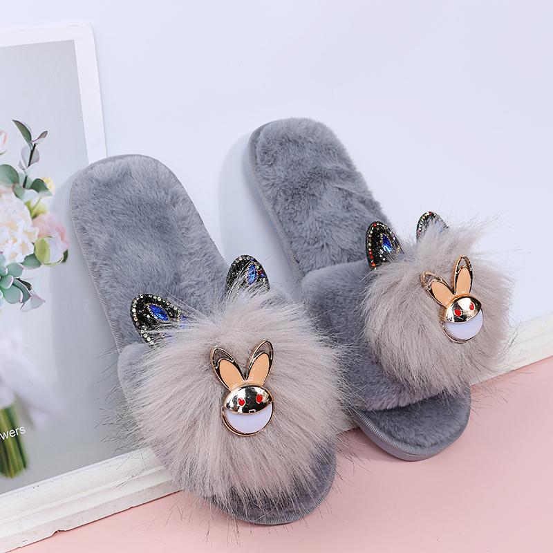 Fashion Cute Cartoon Animal Fur Slippers Women Open Toe Lightweight Plush Slippers Woman Winter Indoor Faux Fur Cotton Slides Ladies