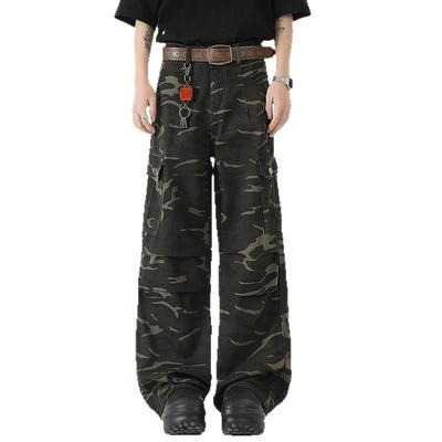 Camouflage Denim Overalls Men's and Women's American Loose Straight Hip-hop Pleated Sweatpants Wide-leg Pants