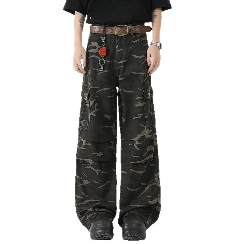 

Camouflage Denim Overalls Men s and Women s American Loose Straight Hip-hop Pleated Sweatpants Wide-leg Pants 2XL камуфляжний
