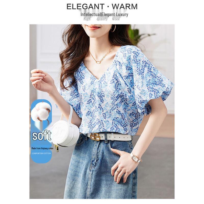 Women s Summer Fresh Print Cotton V-Neck Puff Sleeve Shirt XL