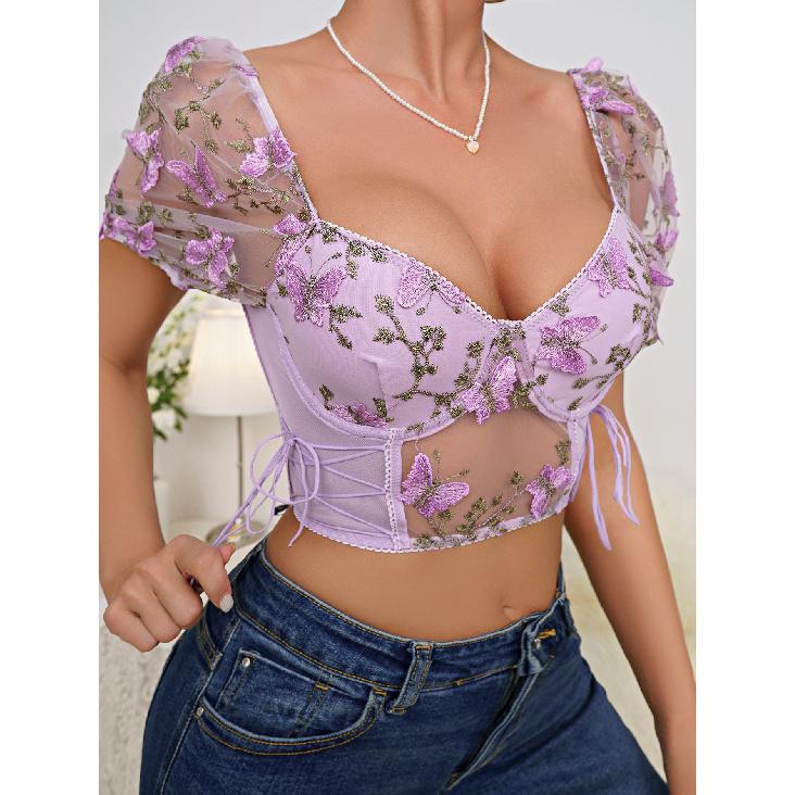 Cross-Border Hot-Selling Puff Sleeve Sexy Floral Crop Top with Underwire, Gathered Drawstring Waist Lace Blouse