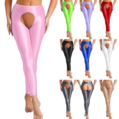 Damen Glänzende High Waist Leggings Slim Fit Tights mit Strategischer Öffnung Baselayer Hose