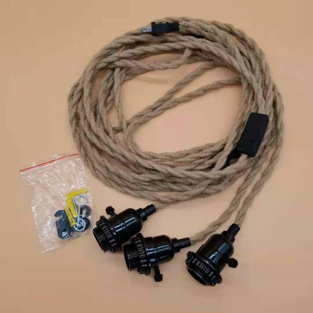 Retro E27 Lampholder with Hemp Rope Power Cord & Plug Switch