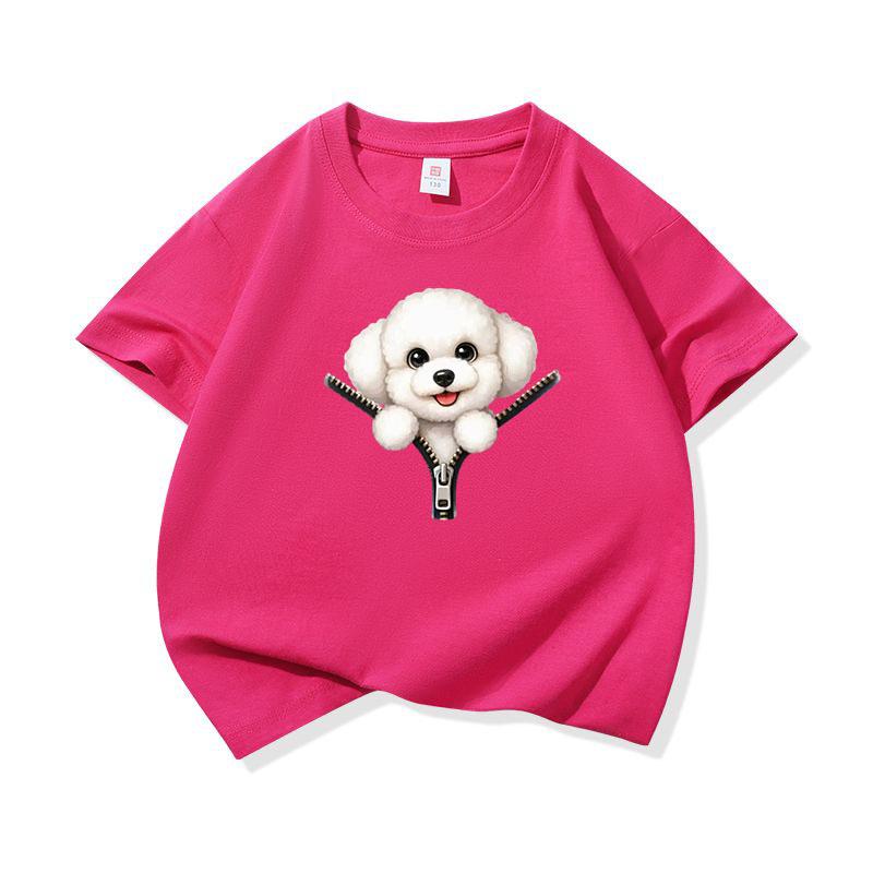Kids Cotton T Shirt Cute Bichon Frise Puppy Dog Zipper Print Crew Neck Short Sleeve Tee Casual Boys Girls Summer Tops