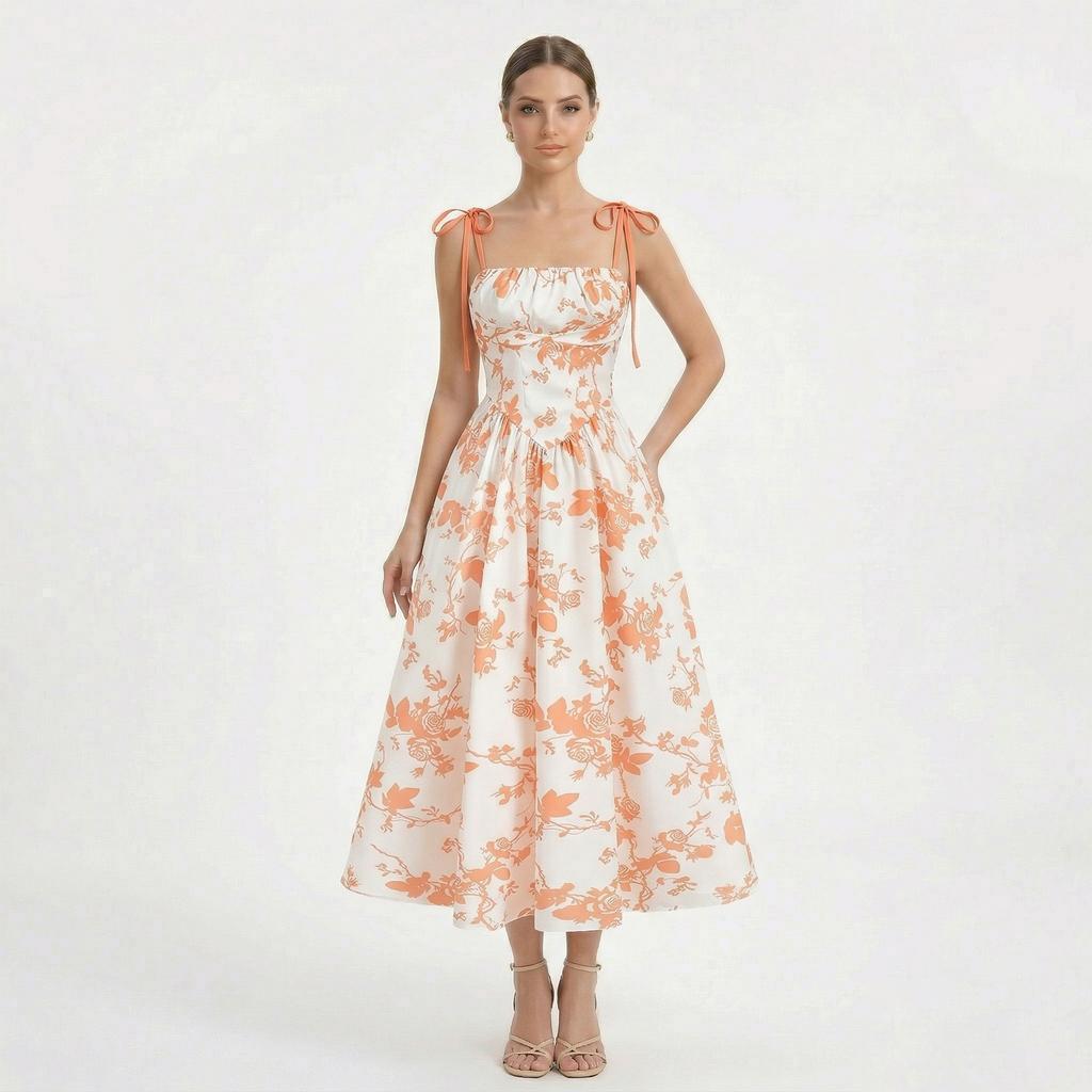 Vestido Corsé Bustier Floral para Mujer Tirantes de Lazo Fruncido Fluido Boho Largo Vestido de Sol